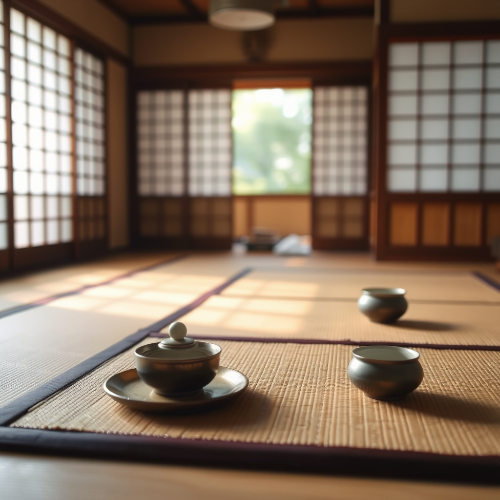 Soft-focus image of a traditional Japanese tea ceremony, with a serene setting featuring tatami mats, a delicate tea set, and soft light streaming in from shoji screens.