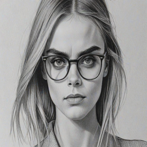 Fetching Cara Delevingne, pencil sketch, portrait of Exquisite woman 1967s in glasses, hair style beatnik, outline, clear lines, fine lines, 8k