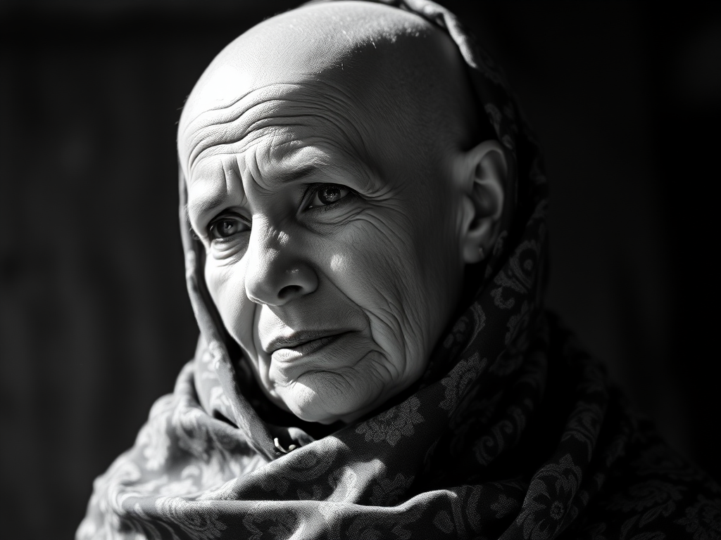 Portrait of a bald woman draped in a patterned shawl, captured with a Canon EOS R5, 85mm f/1.2 lens, ISO 100, aperture f/2.0, natural light from the side, shallow depth of field, black and white.