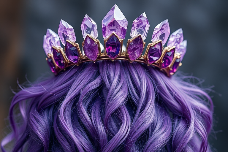 Mystical amethyst crystals form a regal crown atop cascading violet locks, infused with shimmering quartz dust for a truly magical and healing aura