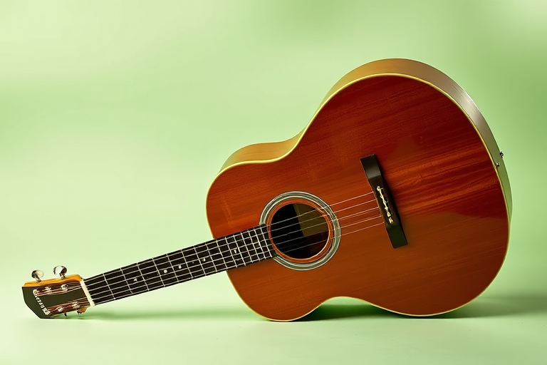 Regenerate an image of a classic acoustic guitar resting on a light green background, side view, high resolution, f/2.8 aperture, ISO 100, 50mm lens, natural light, 3-point lighting setup.
