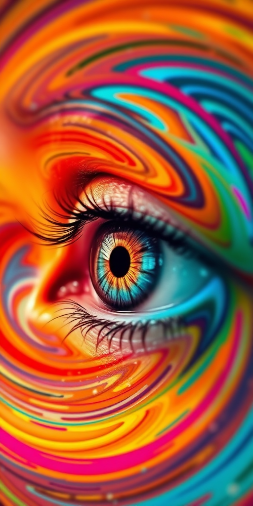 Generate an abstract image featuring a human eye surrounded by colorful swirling patterns, using a DSLR camera with a 50mm lens, aperture f/1.8, ISO 100, and a shallow depth of field for enhanced detail and contrast, capturing in a high dynamic range style.