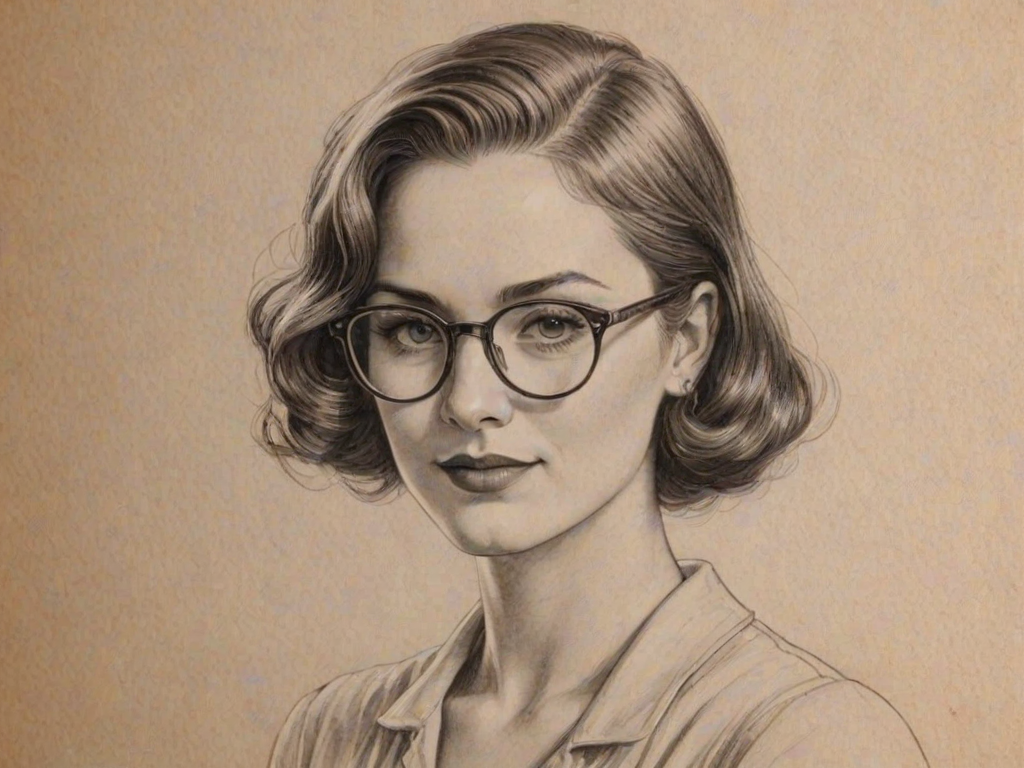 Lovely Demi Burnett, pencil sketch, portrait of Radiant woman 1929s in glasses, hair style beatnik, outline, clear lines, fine lines, 8k