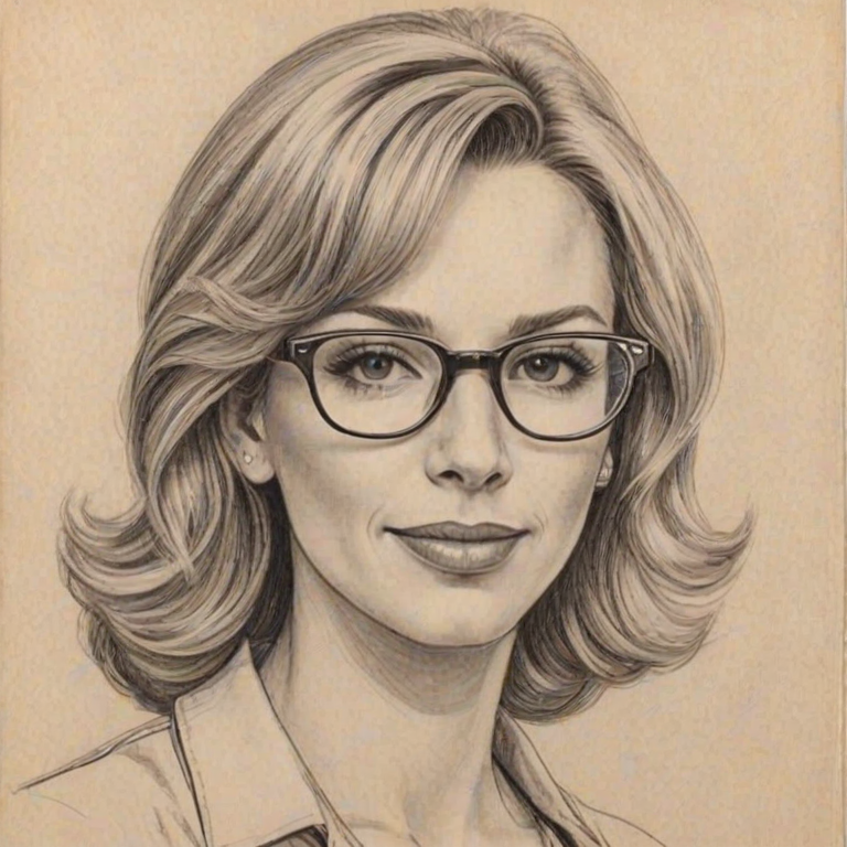 Bewitching Debbie Gibson, pencil sketch, portrait of Charming woman 1957s in glasses, hair style beatnik, outline, clear lines, fine lines, 8k