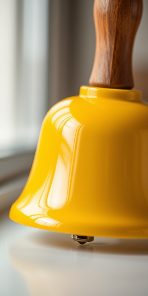 Regenerate a glossy yellow handbell with a wooden handle, using a macro lens at f/2.8 for a shallow depth of field, with soft natural lighting to enhance the reflective details, captured from a slightly elevated angle using a DSLR camera.