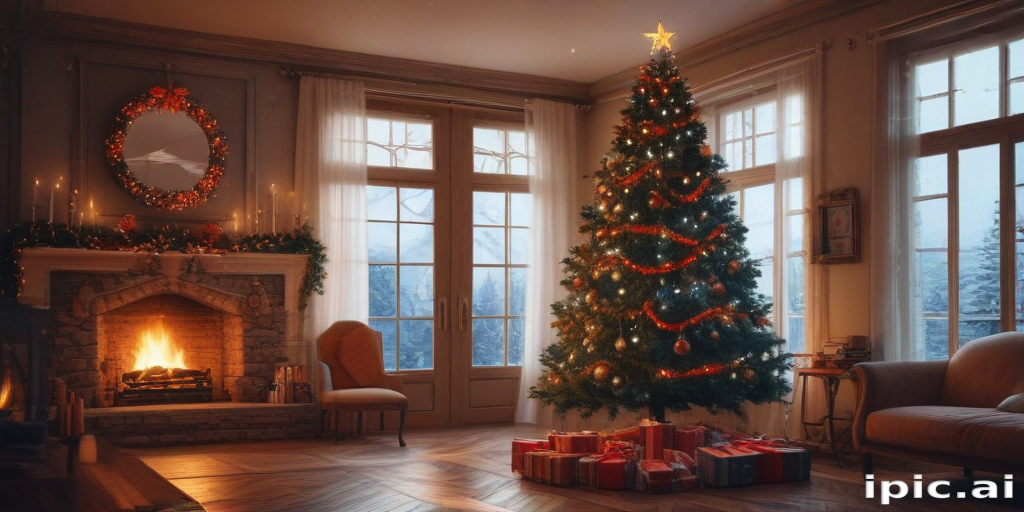 Cozy Christmas Living Room with a Beautifully Decorated Tree and Fireplace