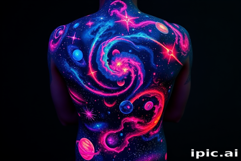 Ethereal UV ink galaxy tattoo spanning the entire back, depicting swirling nebulas, twinkling stars, and distant planets, glowing brilliantly under blacklight for a mesmerizing effect
