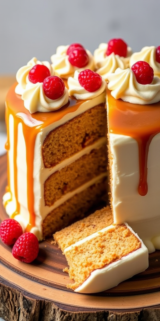 Create an image of a beautifully decorated cake with layers, featuring a smooth cream frosting drizzled with caramel sauce, topped with swirls of frosting and bright red berries for decoration, showing a slice removed to reveal the moist interior and presented on a rustic wooden board.