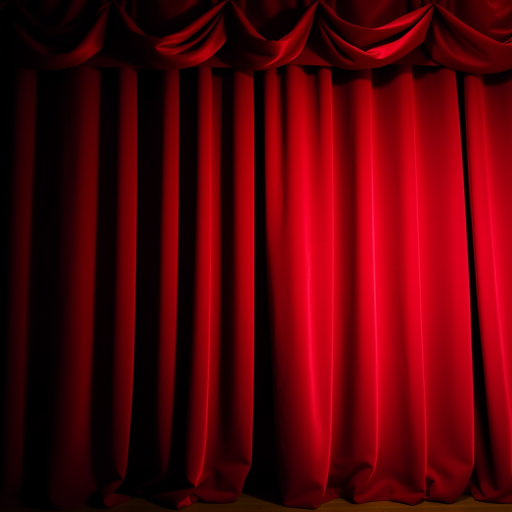 Create a high-resolution image of a stage curtain with rich red velvet texture, showcasing deep folds and a luxurious appearance, shot with a DSLR camera at f/2.8 aperture, 50mm lens, ISO 100, and soft natural lighting to enhance details and depth.