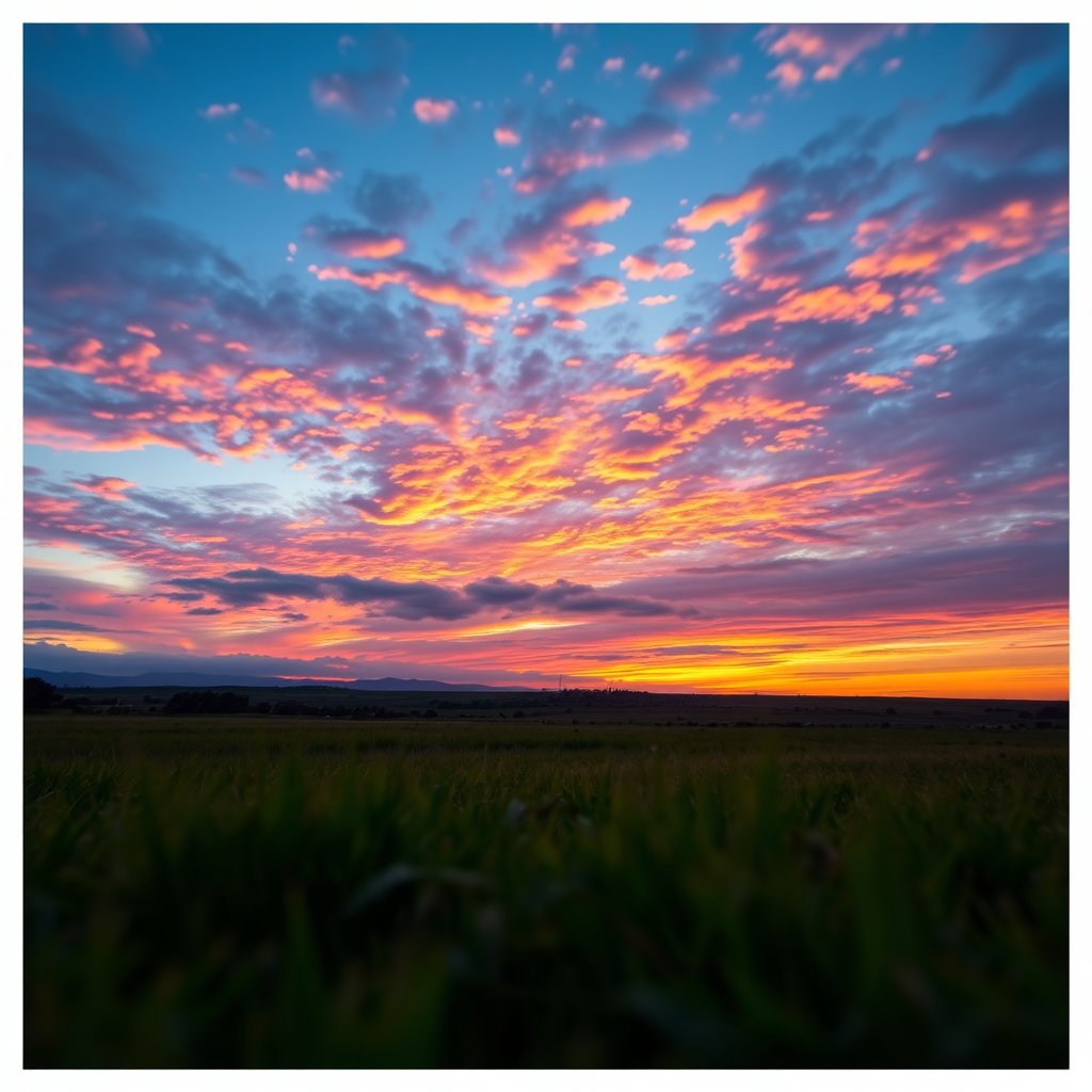 Photograph of a serene landscape at sunset with vibrant colors in the sky, sharp focus, using a DSLR camera, 50mm lens, aperture f/2.8, shutter speed 1/125s, ISO 100, landscape mode, shot from a low angle to emphasize foreground details.