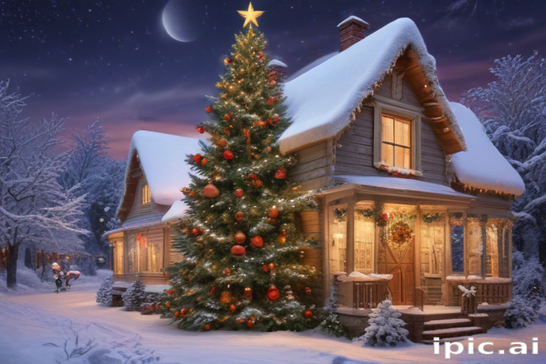 A Cozy Winter Evening with a Beautifully Decorated Christmas Tree Outside