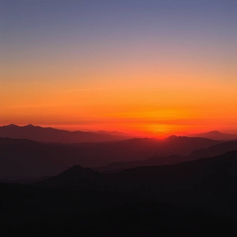 sunset over mountains with layered silhouettes in warm tones, captured with a DSLR camera at f/8 aperture, 1/125 sec shutter speed, ISO 100, wide-angle lens, landscape orientation, high dynamic range for enhanced depth and detail