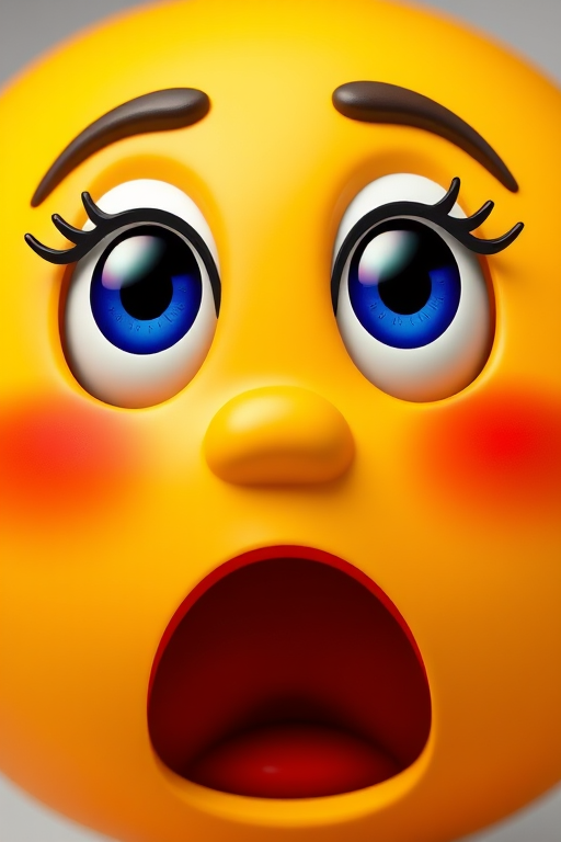 Create a vibrant emoji with a surprised expression featuring large, expressive eyes and an open mouth, shot with a DSLR camera at f/1.8, ISO 100, 50mm lens, in a close-up view, ensuring high detail and clarity.