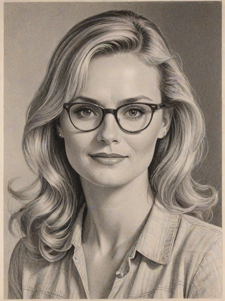 Stunning Bonnie Somerville, pencil sketch, portrait of Gorgeous woman 1940s in glasses, hair style beatnik, outline, clear lines, fine lines, 8k