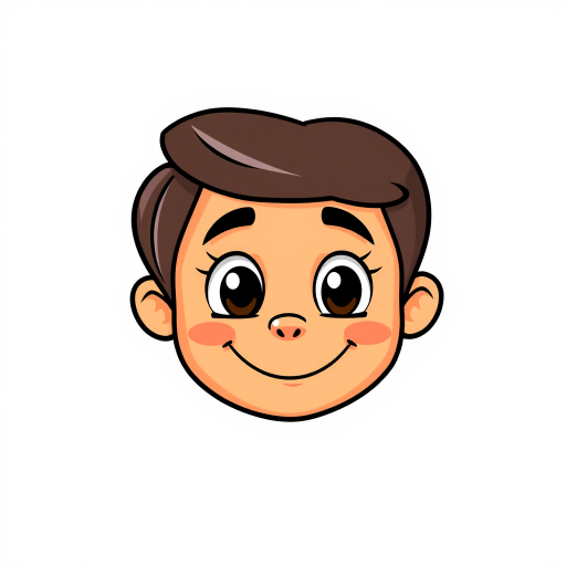 Create a smiling cartoon face with large eyes and a simple hairstyle, styled with bright colors on a plain background, using a DSLR camera with a 50mm lens at f/1.8, ISO 200, shot from a frontal view in soft natural light.