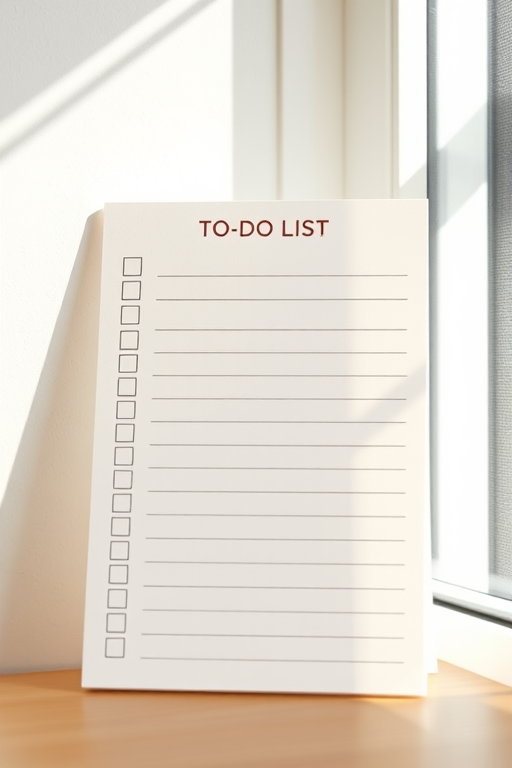 A minimalist to-do list notepad design with a clean layout, soft beige header, empty checkboxes, and simple horizontal lines for writing, captured with a Canon EOS R5, 50mm lens, f/2.8 aperture, ISO 100, soft natural lighting from a window.