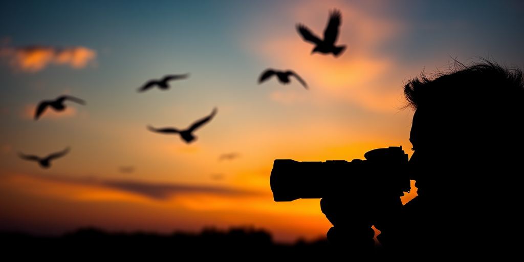 Create a silhouette of a photographer capturing birds in flight against a sunset background, using a DSLR camera with a 50mm lens, f/2.8 aperture, 1/500 shutter speed, in landscape orientation for vibrant colors and sharp details.