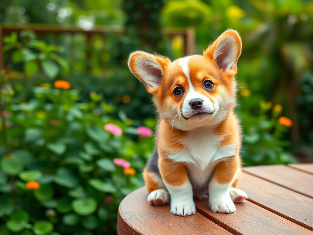 Generate an image of a cute corgi puppy with fluffy fur and big expressive eyes sitting on a wooden table in a lush green garden setting with plants and trees in the background. The corgi should have a playful and curious expression, slightly tilting its head to one side.