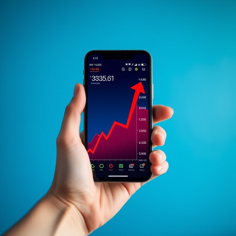 Create an image of a hand holding a smartphone displaying stock market data with a vibrant red upward arrow indicating growth against a blue gradient background, shot with a DSLR camera, ISO 100, f/2.8, shutter speed 1/125s, in a macro view style for enhanced detail.