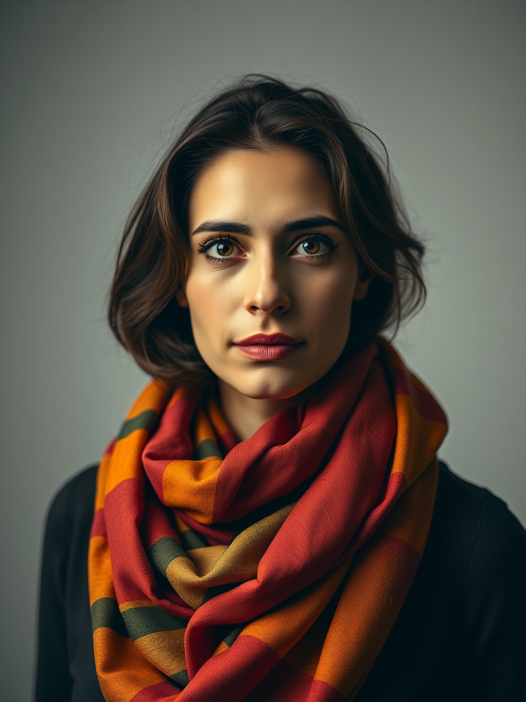 portrait of a woman in a colorful scarf, soft lighting, shallow depth of field, ISO 100, f/2.8, 85mm lens, studio setup, high contrast, warm tones, dramatic shadows