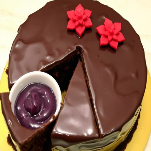 Chocolate cake with a glossy ganache topping and decorative red flower-shaped icing on top, one slice cut and placed beside a small bowl of purple filling, set on a light-colored surface.
