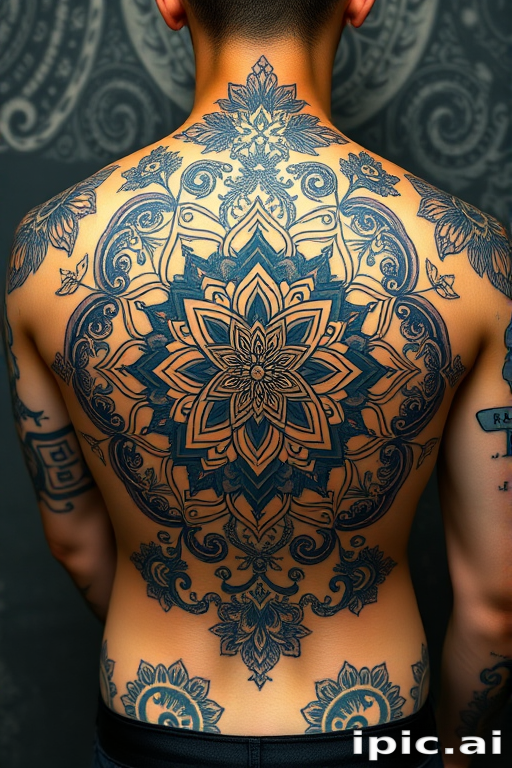 Ornate mandala tattoo covering the upper back and shoulders, incorporating intricate floral patterns and sacred geometry in deep blue and gold ink