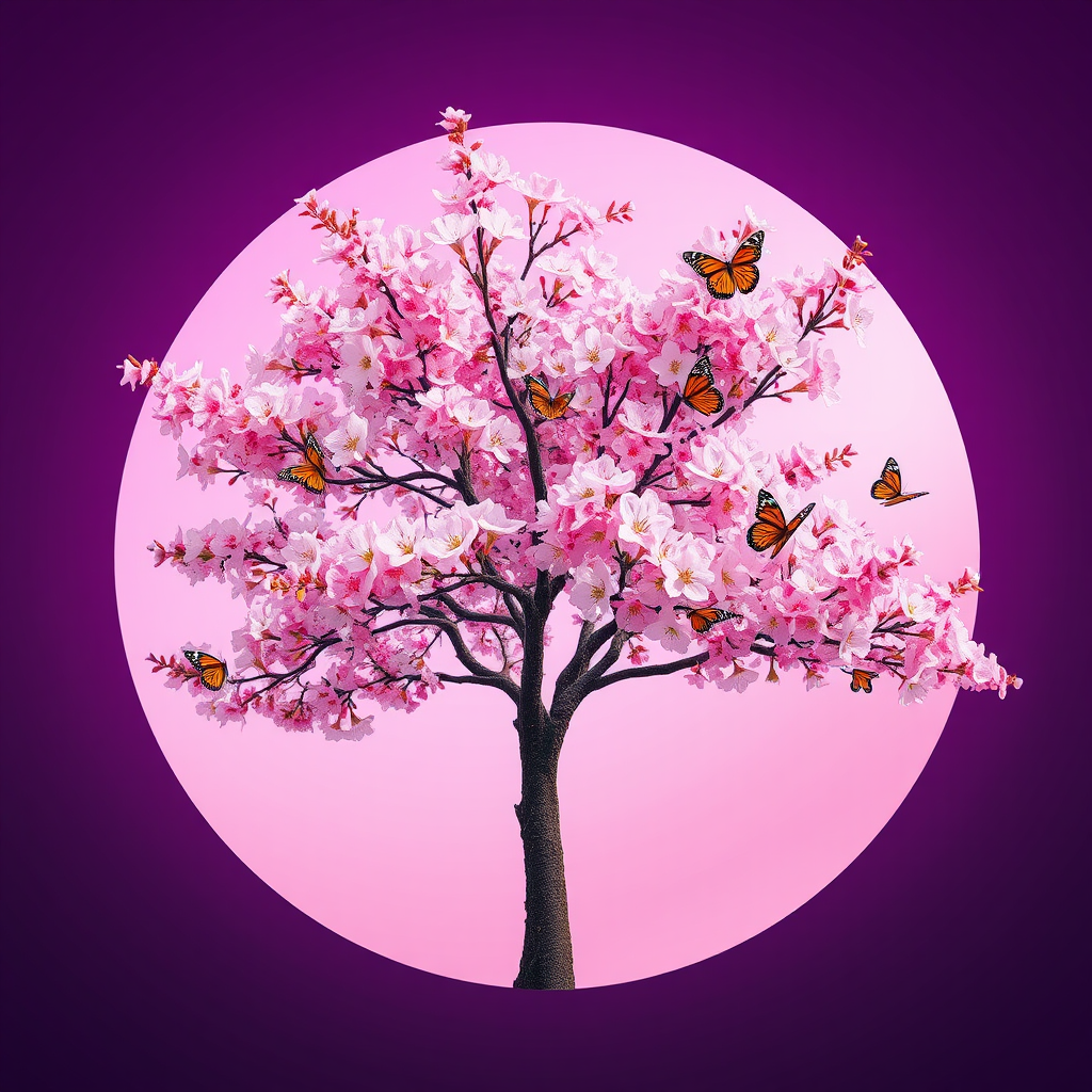 Create a vibrant digital artwork of a cherry blossom tree with pink flowers and butterflies, set against a circular background featuring a subtle gradient of purple and pink hues, using a Canon EOS R5 with an EF 24-70mm f/2.8L II USM lens, ISO 100, f/8 aperture, and a 1/160s shutter speed for sharp detail and rich colors.