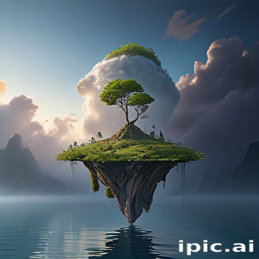 Serene Floating Island with Lush Greenery and Majestic Clouds Above