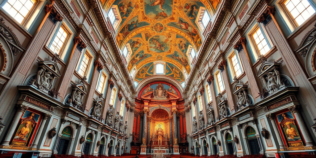 Regenerate an interior view of a grand baroque church with elaborate frescoed ceilings and ornate altars, using a DSLR camera at f/8 aperture, 24mm focal length, ISO 100, natural light, wide-angle view for a vibrant and detailed image.