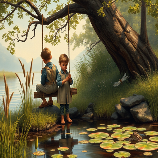 Imagine a small group of old fashioned young boys out fishing by the creek, a swing hanging from a tree branch, reeds and grasses by the water's edge, a frog sitting on a lily pad, dragonflies hovering over som water plans, a very iconic old fashioned scene reminiscent of a Norman Rockwell painting style