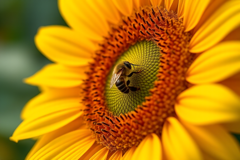 Generate a vibrant close-up image of a sunflower with a bee on the center, using a Canon EOS R5 camera, 50mm lens, f/2.8 aperture, ISO 100, and a shallow depth of field to highlight the flower and create a blurred background effect.