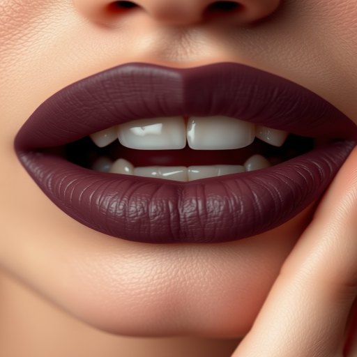 Sultry matte mauve lips with a velvety appearance, slightly parted to reveal a hint of teeth, exuding elegance and sophistication