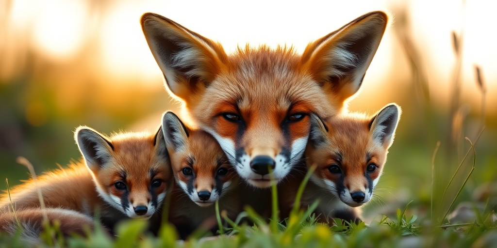 a close-up portrait of a red fox with two kits in a natural setting, soft evening light, f/2.8 aperture, ISO 100, 50mm lens, shallow depth of field, macro photography style, digital camera type