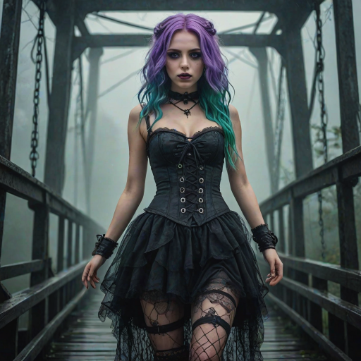(Bottom-up view view:1.5) Cinematic glamour portrait of a beautiful ((skiny:1.1)) young girl, detailed purple eyes, wearing a Dark Alice in Wonderland dress with a Lace-up corset,  wearing Doc Martens boots with Ripped fishnet tights, green velus hair, on A gothic, fog-shrouded bridge, mist softly illuminated by a bluish or violet light source, supernatural feel, a giant Kraken comes from the mist, dark movie, look in the style of a horror science fiction movie, Dusk on a foggy bridge, unity 8k wallpaper, ultra detailed, beautiful and aesthetic, best quality, intricate, sharp focus, 8k textures , intricate, highly detailed, sharp focus, insane details, intricate details, hyper detailed, exposure blending, hdr, hyperrealistic, shot with Mamiya Leaf, Leica Elmar-M lens, 85mm, f/1.8, (high detailed skin:1.2), uhd, dsir, soft lighting, high quality, film grain,