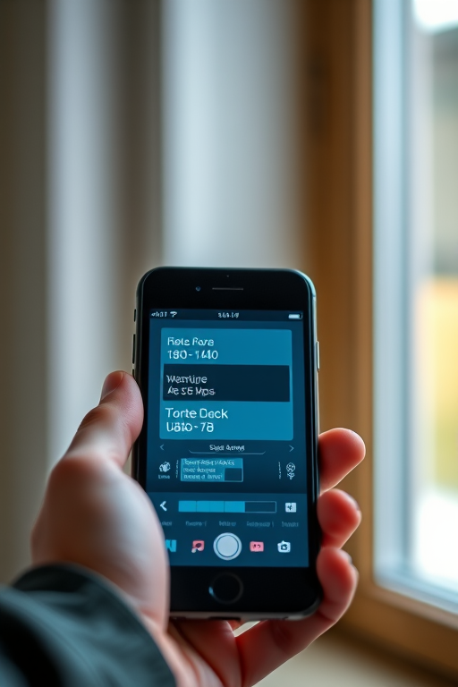 A close-up shot of a person holding a smartphone displaying a digital interface in a softly blurred background, with natural light from a window, ISO 200, aperture f/2.8, shutter speed 1/100 sec, taken with a DSLR camera.
