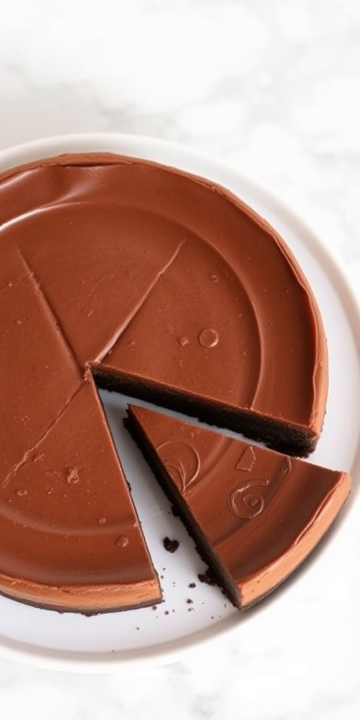 A delicious chocolate cheesecake on a white plate with a slice removed, showcasing its smooth texture and chocolate color, set against a light marble background.