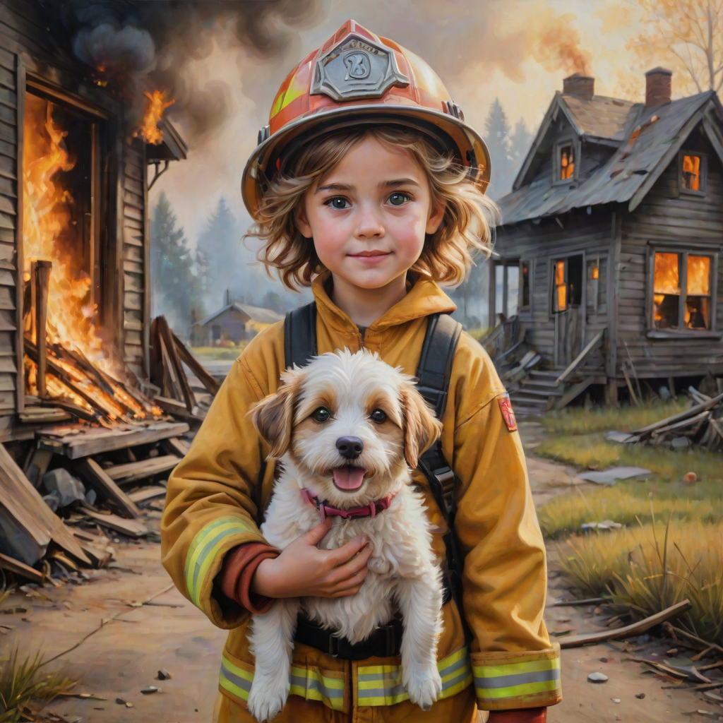 airbrushed oil painting, pixar style, cute little girl in fireman gear, helmet, tousled hair, expressive eyes, standing in the doorstep of a cottage burning behind him, holding a cute little dog in her arm, atumn sky