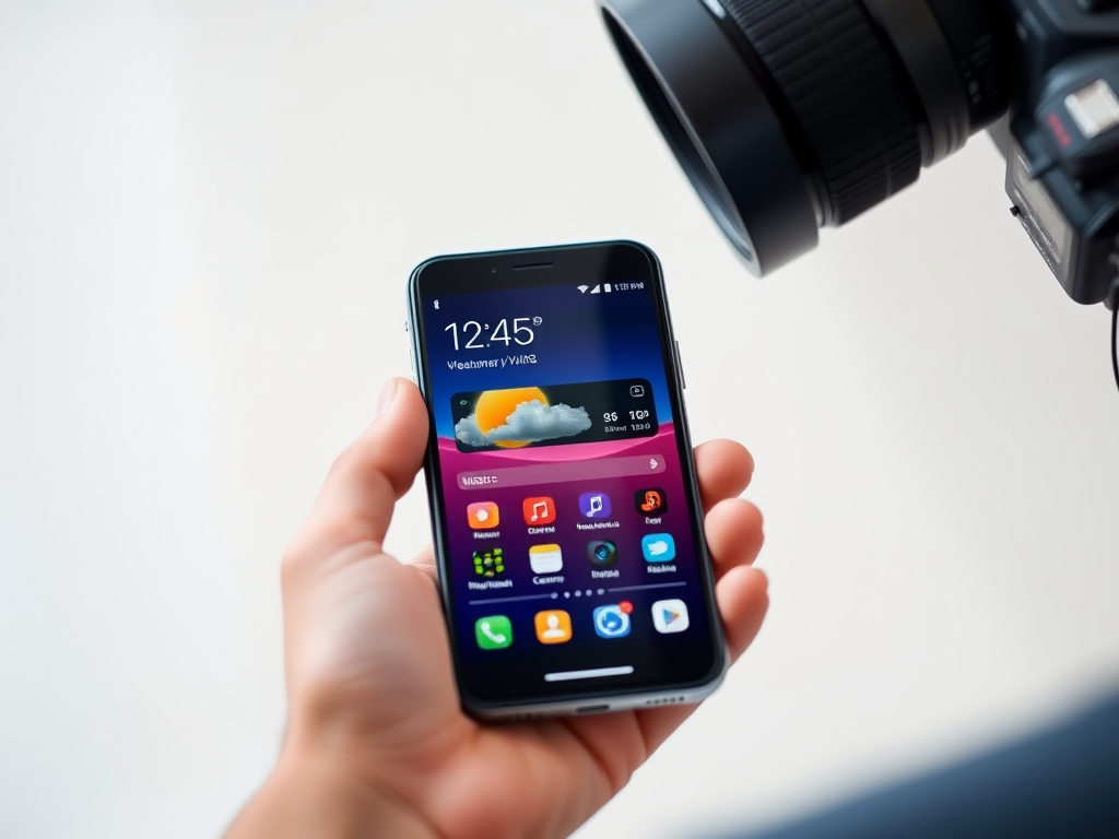 Generate a high-resolution image of a smartphone displaying a weather app with icons for calendar, camera, settings, and music, using a DSLR camera with a focal length of 50mm, aperture set to f/1.8, ISO 100, and a 45-degree angle view for enhanced clarity and detail.