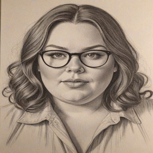 Stunning Chrissy Metz, pencil sketch, portrait of Delightful woman 1976s in glasses, hair style beatnik, outline, clear lines, fine lines, 8k