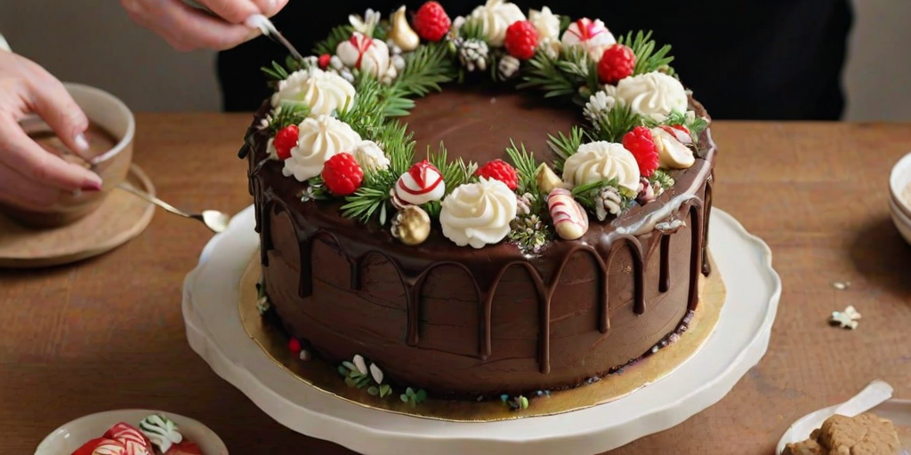 Create an image of a festive cake decorated with a chocolate frosting base. The top should feature a wreath of white and red decorations, including whipped cream flowers, fresh berries, gingerbread cookies, candy canes, and gold chocolate truffles. Add small edible snowflakes and a touch of greenery for a seasonal touch. The cake should have a smooth finish with a drizzle of chocolate around the edges.