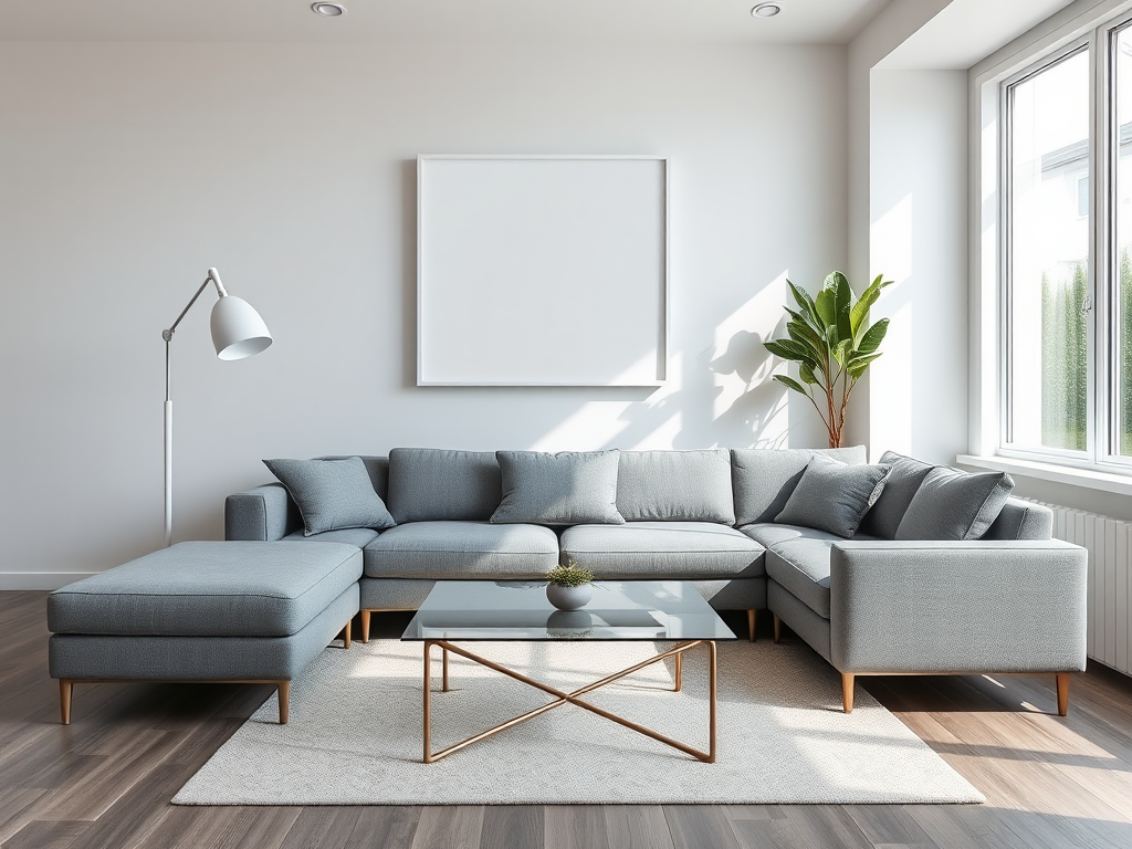 interior of a modern living room featuring a gray sofa, minimalist glass coffee table, floor lamp, and a plant, with a blank picture frame on the wall, bright natural lighting, 35mm lens, f/5.6 aperture, ISO 200, shot from a 45-degree angle