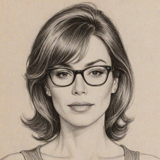 Beauteous Whitney Cummings, pencil sketch, portrait of Splendid woman 1978s in glasses, hair style beatnik, outline, clear lines, fine lines, 8k