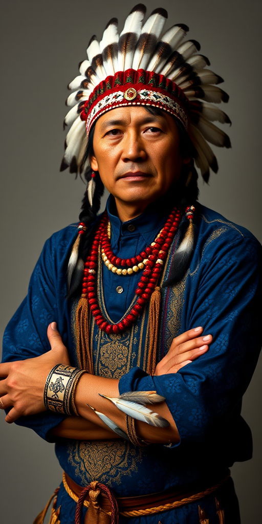Create a dignified portrait of a Native American man dressed in traditional attire. He wears a beautifully crafted headdress adorned with white feathers and red beads, along with a beaded headband featuring intricate patterns. His clothing includes a deep blue, patterned shirt and a traditional chest piece with detailed beadwork. His arms are crossed, displaying leather armbands decorated with feathers. The background is simple and neutral, emphasizing his proud and stoic expression. The overall image captures the rich cultural heritage and strength of his persona.