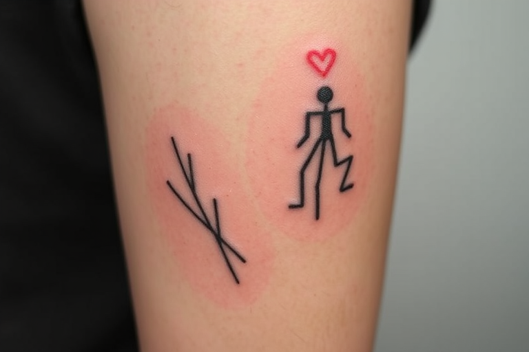 Stick and poke tattoo called "Raw Authenticity" showcasing hand-poked designs with a deliberately imperfect and organic aesthetic using simple lines and minimal shading