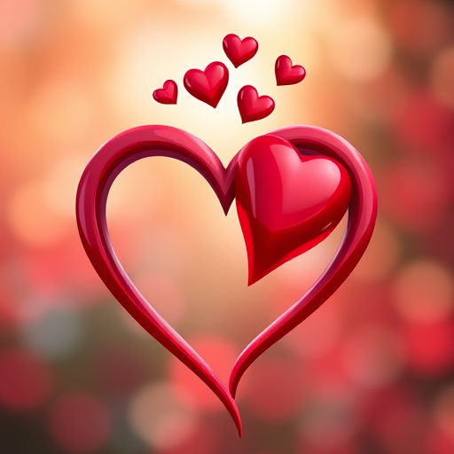 Create a vibrant digital illustration of entwined red hearts with smaller hearts above them, using a high-resolution setting of 300 DPI, a depth of field effect to softly blur the background, captured with a DSLR camera styled under soft lighting conditions.