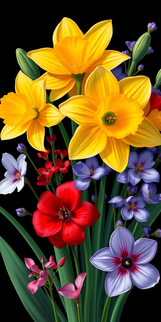 Create a vibrant illustration of a bouquet featuring yellow daffodils, red and blue flowers, and purple blossoms against a black background, using a macro lens at f/2.8 for a shallow depth of field, capturing bright colors and sharp details, with a digital illustration style for enhanced quality.