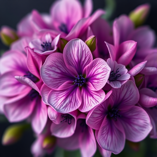Floral pattern design with shades of purple and pink flowers, soft focus, macro lens, f/2.8, ISO 100, 50mm lens, natural light, high resolution, vivid colors, dark background.