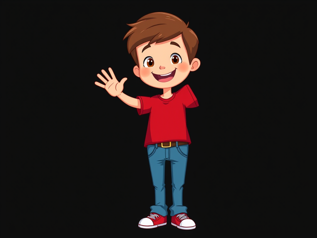 Create an image of a cheerful cartoon boy with short brown hair, wearing a red t-shirt and blue jeans, waving to the viewer, set against a plain black background, captured with a DSLR camera at 50mm f/1.8, ISO 100, natural lighting for vibrant colors and sharp details, in a clean and friendly animated style.