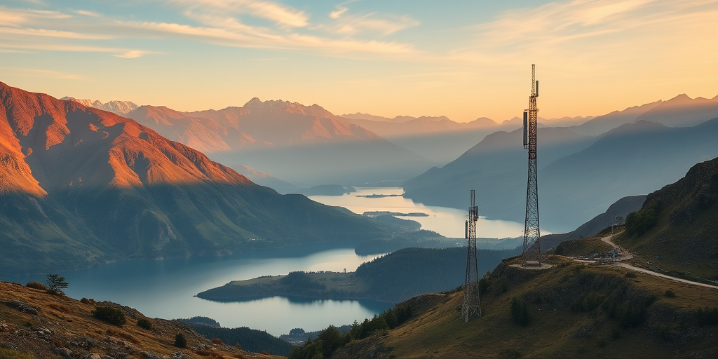 Landscape of a mountainous region with a lake below, featuring a telecommunications tower, golden hour lighting, shot with a Canon EOS 5D Mark IV, 24mm lens, aperture f/8, shutter speed 1/125s, ISO 100, wide-angle view.
