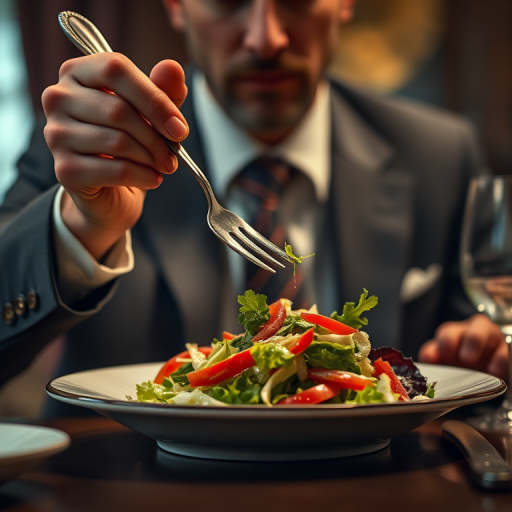 detailed edges, detailed image, perfection style, A cinematic detailed image of a man in a suit eating a salad with a fork, movie themed, sharp, detailed background, epic cinematic photography, artistic style, dramatic light style, cinematic color style, Kodak 35mm film style, detailed style, hand focus style, holding, food, table, knife, plate, realistic, spoon, fork, holding fork, food focus, vegetable, 1boy, fingernails, out of frame, photorealistic